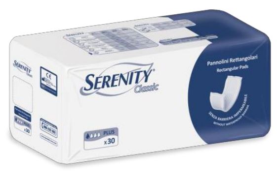 PANNOLONE PER INCONTINENZA RETTANGOLARE SENZA BARRIERA IMPERMEABILE SERENITY CLASSIC 30 PEZZI - pharmaonline24.it