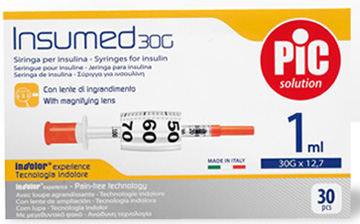 SIRINGA INSULINA PIC INSUMED 1 ML 100 UI AGO GAUGE 30 12,7 MM SENZA SPAZIO MORTO 30 PEZZI - pharmaonline24.it