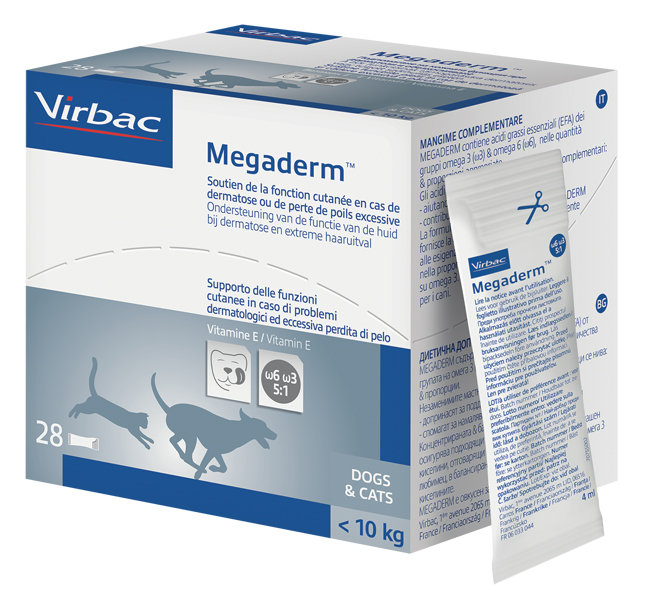 MEGADERM SUPPLEMENTO GATTI E CANI INFERIORI A 10 KG SCATOLA DA 32 SACCHETTI MONODOSE 4 ML - pharmaonline24.it