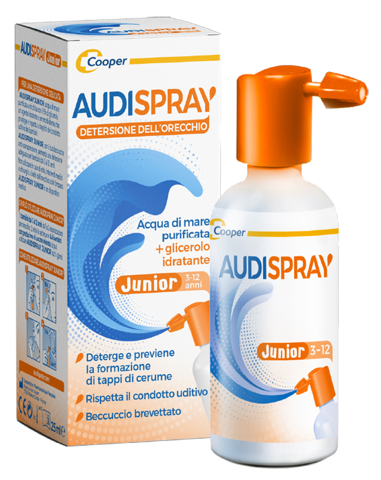 AUDISPRAY JUNIOR 3-12 ANNI SOLUZIONE DI ACQUA DI MARE IPERTONICA SPRAY SENZA GAS IGIENE ORECCHIO 25ML - pharmaonline24.it