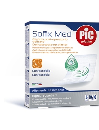 CEROTTO PIC SOFFIX MED IN TNT CON TAMPONE CENTRALE ASSORBENTE STERILE MONOUSO 10X10 CM ANTIBATTERICO 5 PEZZI - pharmaonline24.it