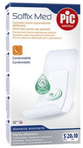 CEROTTO PIC SOFFIX MED IN TNT CON TAMPONE CENTRALE ASSORBENTE STERILE MONOUSO 10X20 CM ANTIBATTERICO 5 PEZZI - pharmaonline24.it