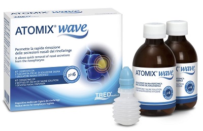 ATOMIX WAVE DISPOSITIVO PER IGIENE RINOFARINGEA ATOMIX SOLUZIONE SALINA 250 ML 2 PEZZI + TERMINALE NASALE + EROGATORE A SOFFIETTO - pharmaonline24.it