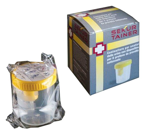 CONTENITORE PER URINA SEKUR TRAINER CON TAPPO A VITE E SONDA PER PRELIEVO DA PROVETTA SOTTOVUOTO 120ML - pharmaonline24.it