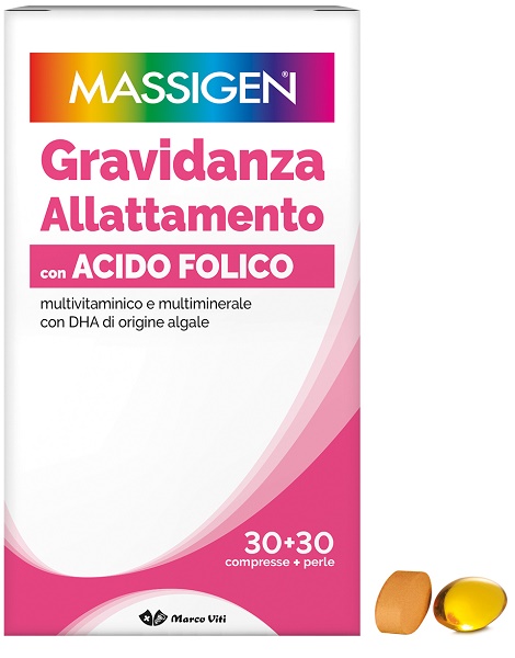 MASSIGEN GRAVIDANZA ALLATTAMENTO CON ACIDO FOLICO MULTIVITAMINICO E MULTIMINERALE 30 COMPRESSE RIVESTITE DA 1,1 G + 30 PERLE DA 700 MG - pharmaonline24.it