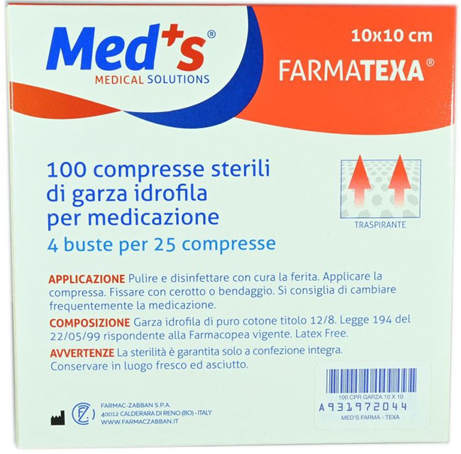 GARZA COMPRESSA IDROFILA MEDS FARMATEXA 2/8 10X10CM 100 PEZZI - pharmaonline24.it