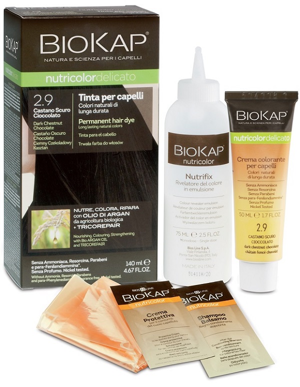 BIOKAP NUTRICOLOR DELICATO 2,9 CASTANO SCURO CIOCCOLATO TINTA TUBO + FLACONE - pharmaonline24.it