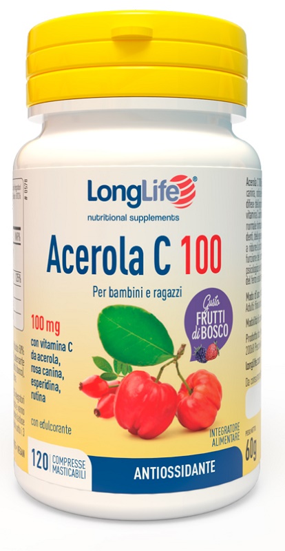 LONGLIFE ACEROLA C100 FRUTTI DI BOSCO 120 COMPRESSE MASTICABILI - pharmaonline24.it