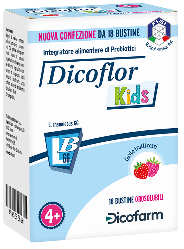 DICOFLOR KIDS 18 BUSTINE OROSOLUBILI GUSTO FRUTTI ROSSI - pharmaonline24.it