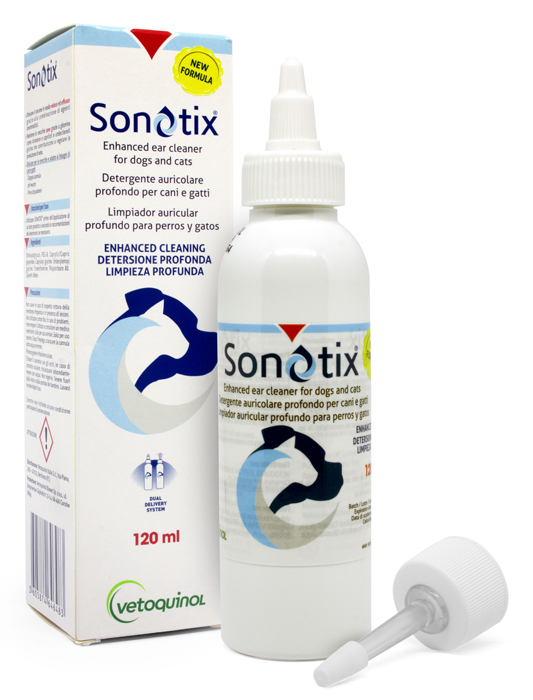 SONOTIX DETERGENTE AURICOLARE PROFONDO CANI E GATTI 120 ML + CANNULA CORTA RIGIDA + CANNULA LUNGA FLESSIBILE - pharmaonline24.it