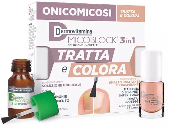 DERMOVITAMINA MICOBLOCK 3 IN 1 TRATTA E COLORA SOLUZIONE UNGUEALE 7 ML + SMALTO IDRATANTE TRASPIRANTE 5 ML - pharmaonline24.it