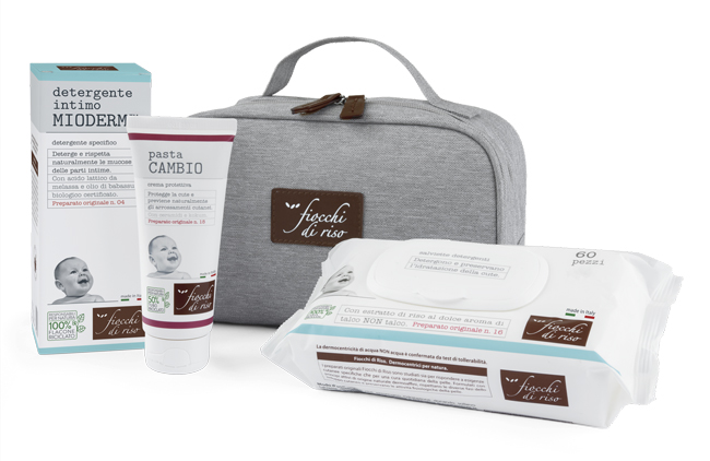 FIOCCHI DI RISO COFANETTO CAMBIO PANNOLINO 1 DETERGENTE INTIMO MIODERM 240 ML + 1 PASTA CAMBIO 100 ML + SALVIETTE ACQUA NON ACQUA 60 PEZZI + BEAUTY - pharmaonline24.it