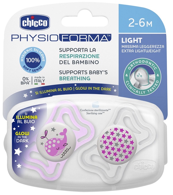CHICCO SUCCHIETTO LIGHT LUMINOSO SILICONE 2-6 MESI 2 PEZZI - pharmaonline24.it