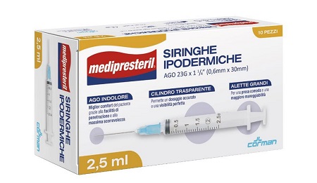 SIRINGA IPODERMICA MEDIPRESTERIL AGO 23 GAUGE 1 1/4 0,6X30MM 2,5 ML 10 PEZZI - pharmaonline24.it