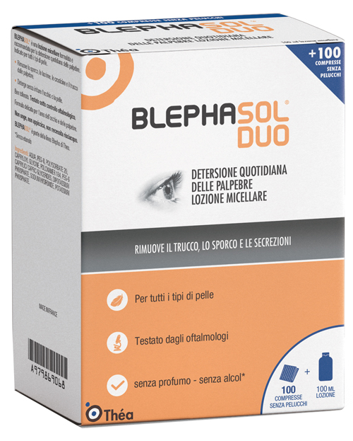 BLEPHASOL DUO SOLUZIONE MICELLARE IGIENE PALPEBRALE 100 ML + 100 GARZE - pharmaonline24.it