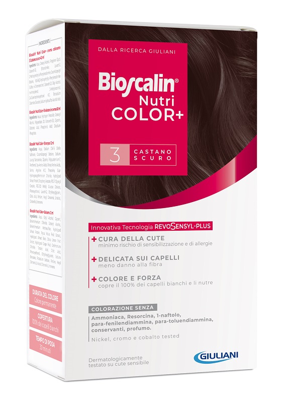 BIOSCALIN NUTRICOLOR PLUS 3 CASTANO SCURO CREMA COLORANTE 40 ML + RIVELATORE CREMA 60 ML + SHAMPOO 12 ML + TRATTAMENTO FINALE BALSAMO 12 ML - pharmaonline24.it