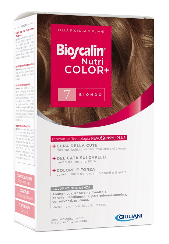 BIOSCALIN NUTRICOLOR PLUS 7 BIONDO CREMA COLORANTE 40 ML + RIVELATORE CREMA 60 ML + SHAMPOO 12 ML + TRATTAMENTO FINALE BALSAMO 12 ML - pharmaonline24.it