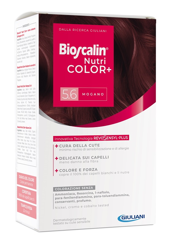 BIOSCALIN NUTRICOLOR PLUS 5,6 MOGANO CREMA COLORANTE 40 ML + RIVELATORE CREMA 60 ML + SHAMPOO 12 ML + TRATTAMENTO FINALE BALSAMO 12 ML - pharmaonline24.it