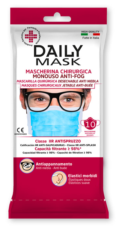 MASCHERINA CHIRURGICA MONOUSO ANTI-FOG DAILY MASK TIPO IIR TRE TNT STRATI ANTISPRUZZO 10 PEZZI - pharmaonline24.it